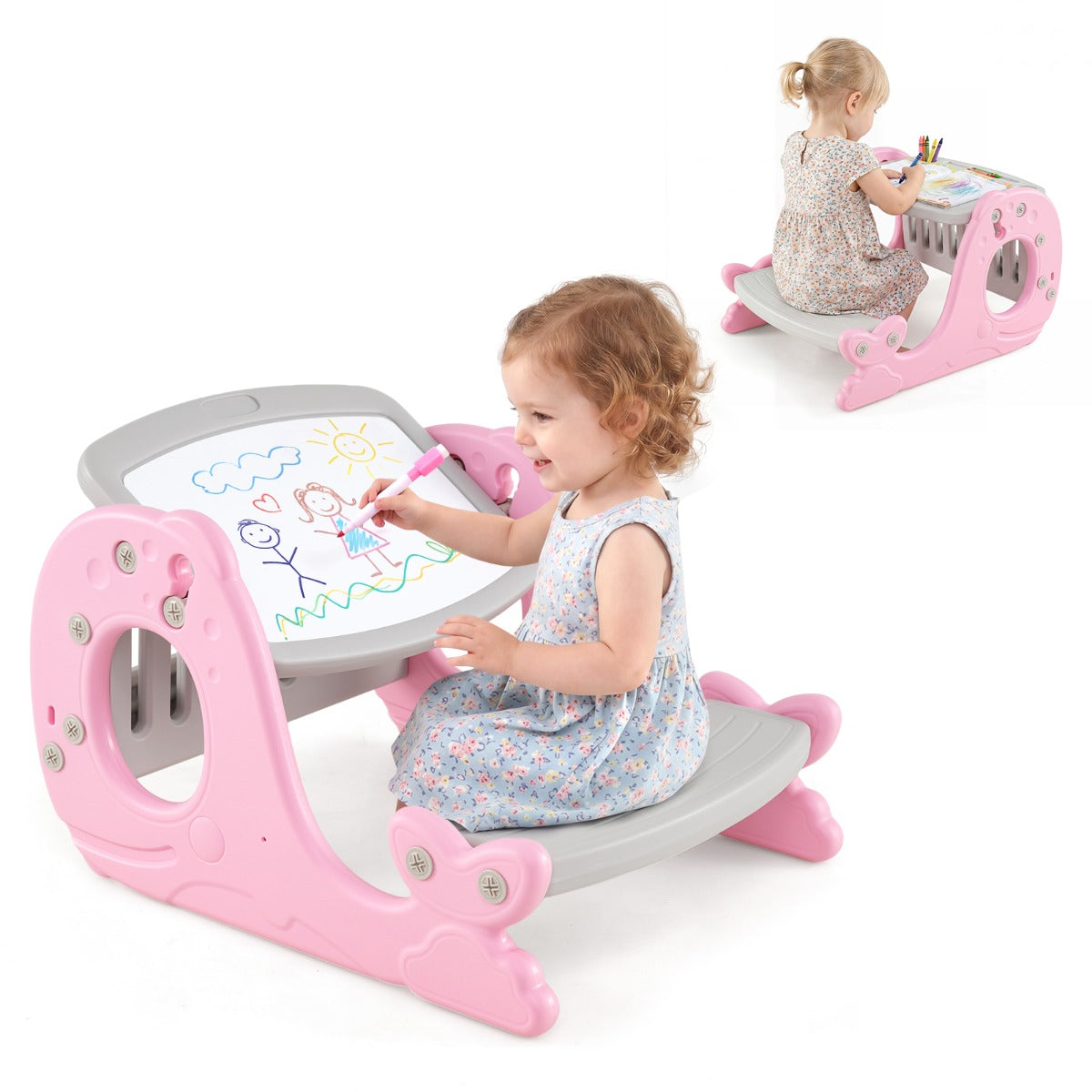 Pink Kids Activity Table With Bench & Easel | 4-in-1 Design