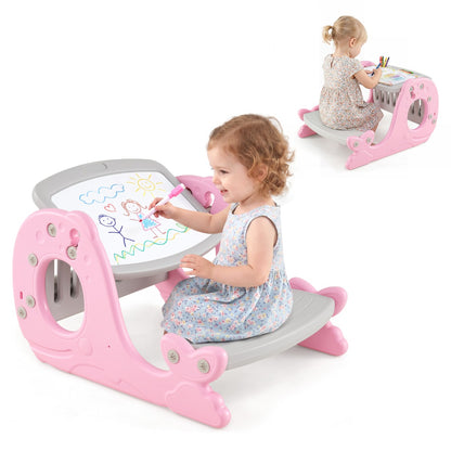 Pink Kids Activity Table With Bench & Easel | 4-in-1 Design