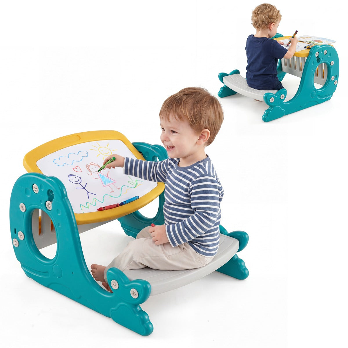 Kids Activity Table with Bench & Easel | 4-in-1 Yellow Set