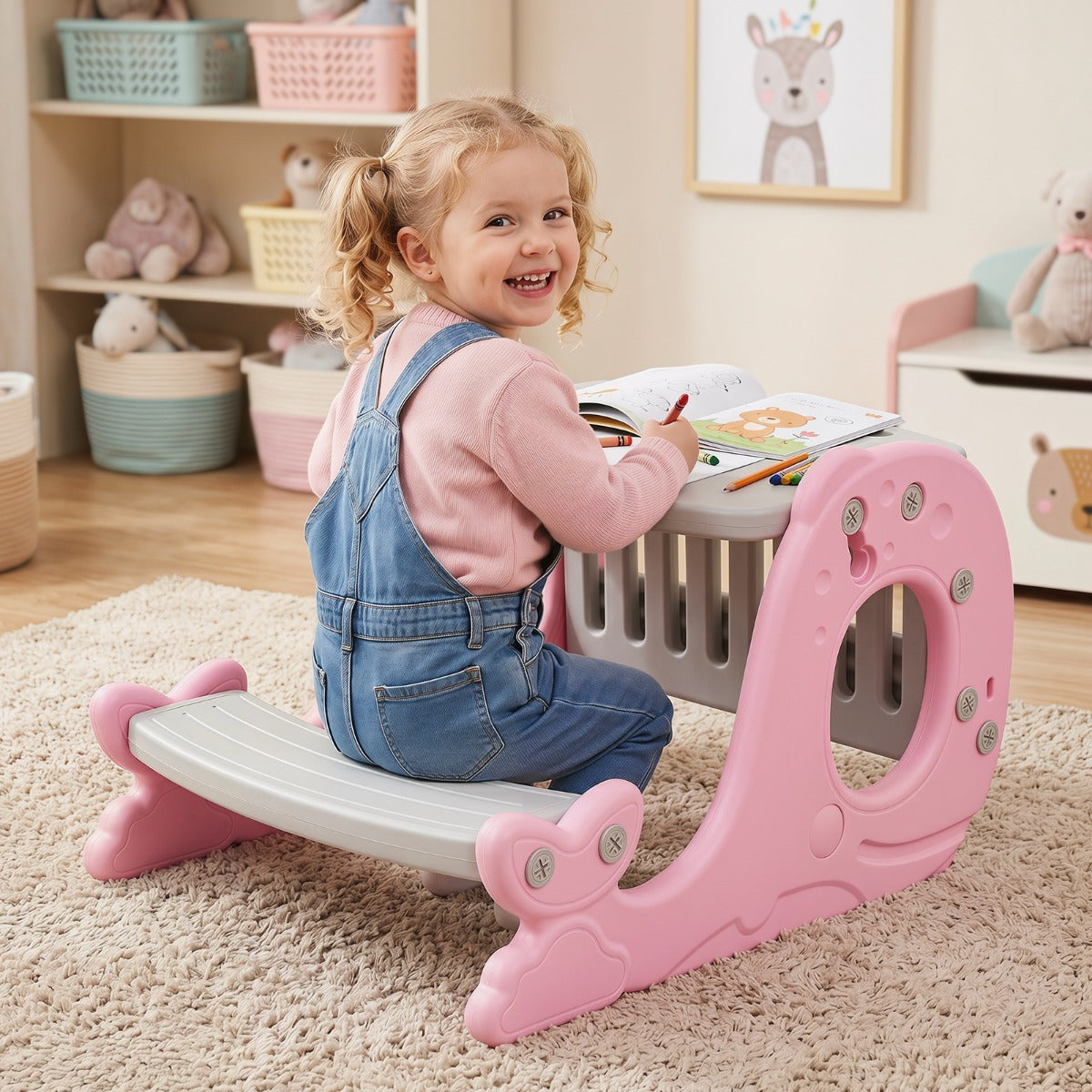 Pink Kids Activity Table With Bench & Easel | 4-in-1 Design