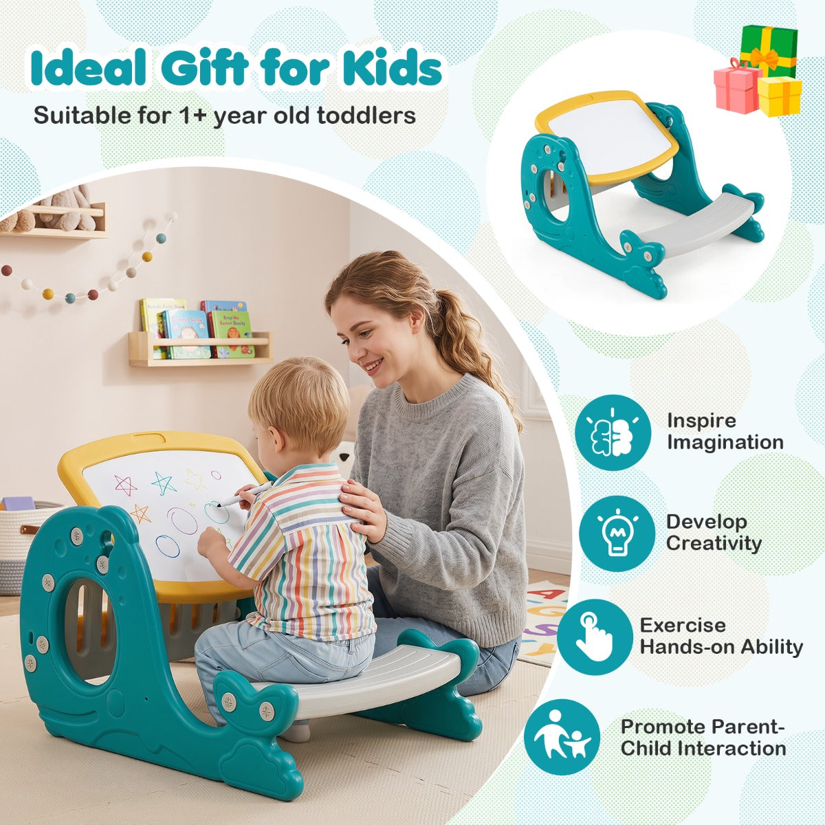 Kids Activity Table with Bench & Easel | 4-in-1 Yellow Set