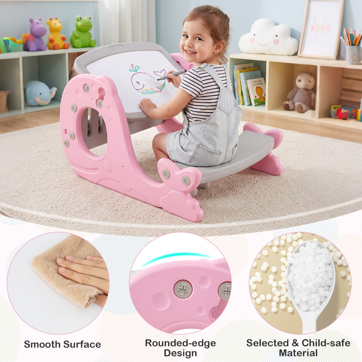 Pink Kids Activity Table With Bench & Easel | 4-in-1 Design