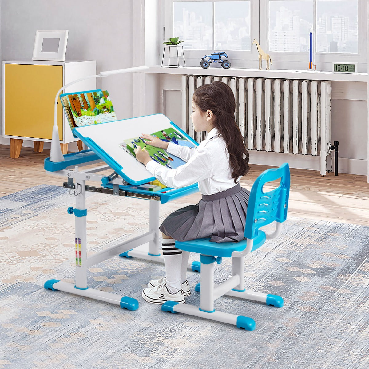 Kids desk and chair set with LED lamp, adjustable and available in blue or pink.