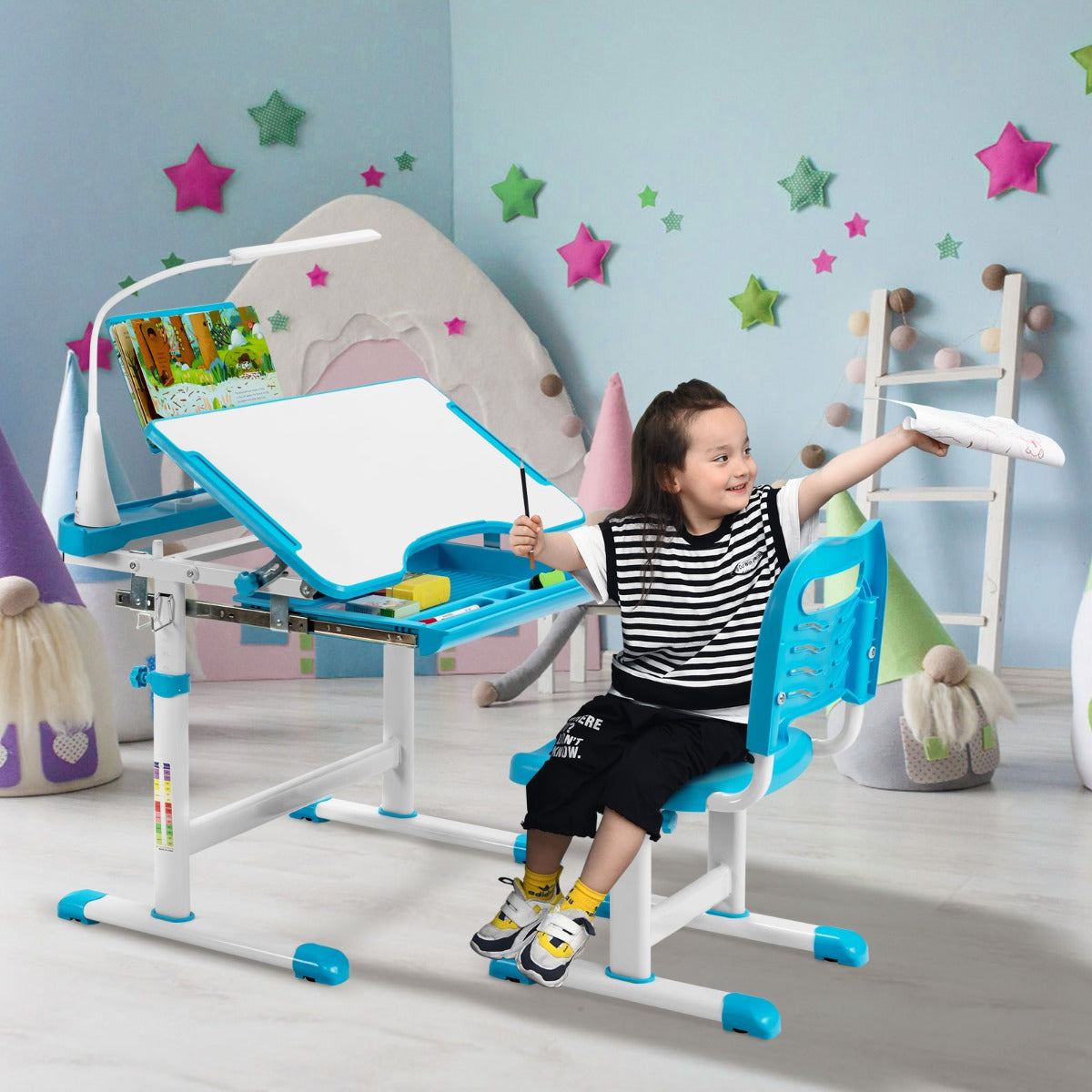 Kids desk and chair set with LED lamp in fun blue or pink colors.