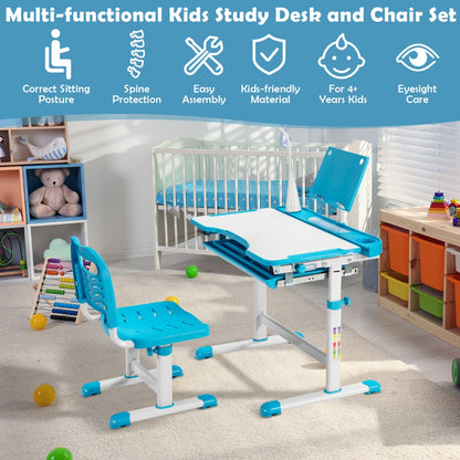 Kids desk and chair set with LED lamp in blue or pink for comfortable studying.