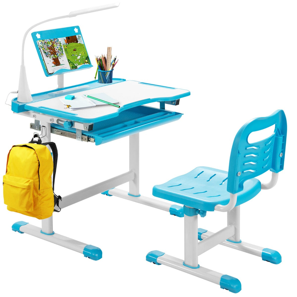 Kids desk and chair set with LED lamp in blue or pink, adjustable for comfort.