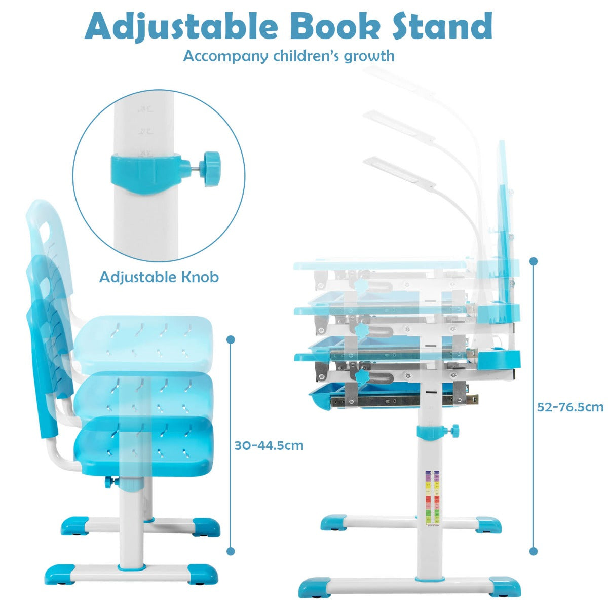 Kids desk and chair set with LED lamp in blue or pink, adjustable for comfort.