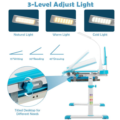 Kids desk and chair set with LED lamp in blue or pink for study and play.