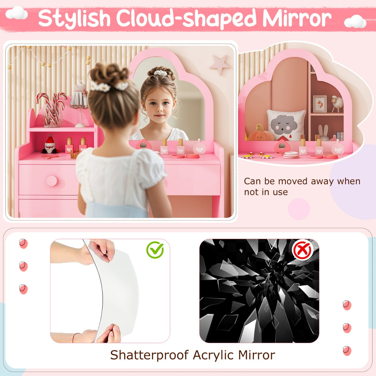 Pink Kids 2-In-1 Vanity Set | Mirror Detachable Top & Storage