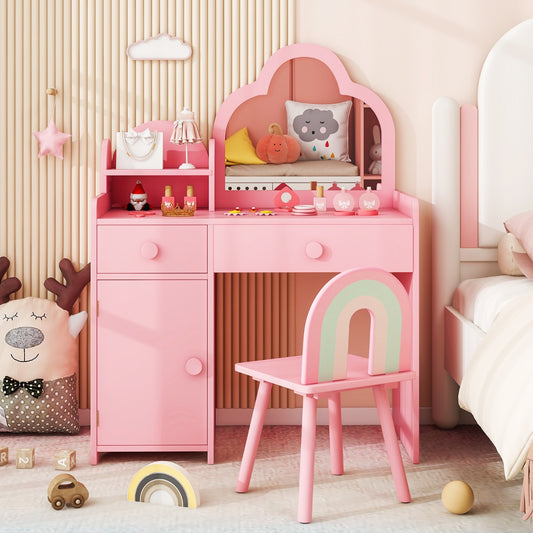 Pink Kids 2-In-1 Vanity Set | Mirror Detachable Top & Storage