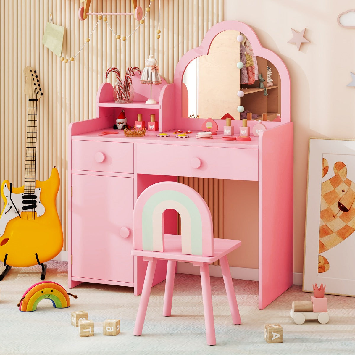 Pink Kids 2-In-1 Vanity Set | Mirror Detachable Top & Storage