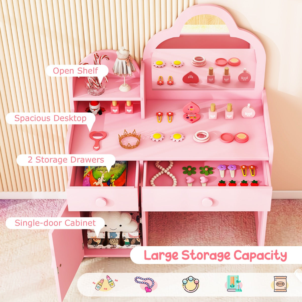 Pink Kids 2-In-1 Vanity Set | Mirror Detachable Top & Storage