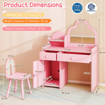 Pink Kids 2-In-1 Vanity Set | Mirror Detachable Top & Storage