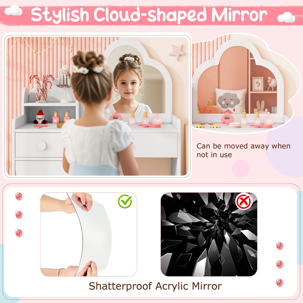 2 In 1 Kids Vanity Set With Mirror | Detachable Top White