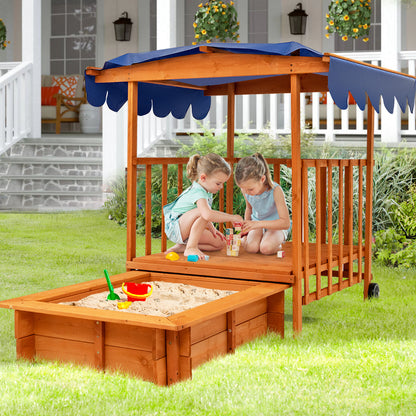 Natural Cedar Wood Kids Playhouse and Sandbox | Blue Canopy