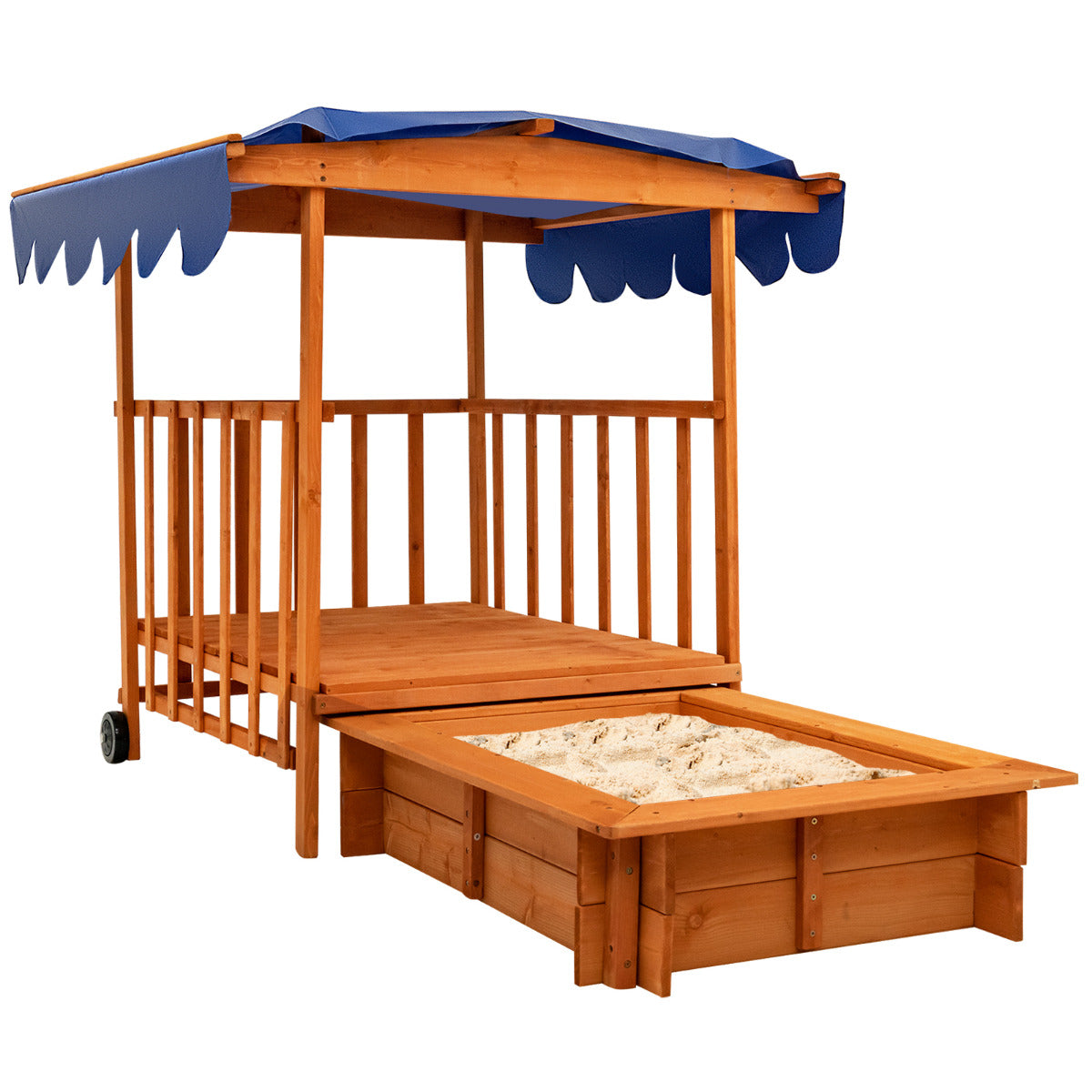 Natural Cedar Wood Kids Playhouse and Sandbox | Blue Canopy