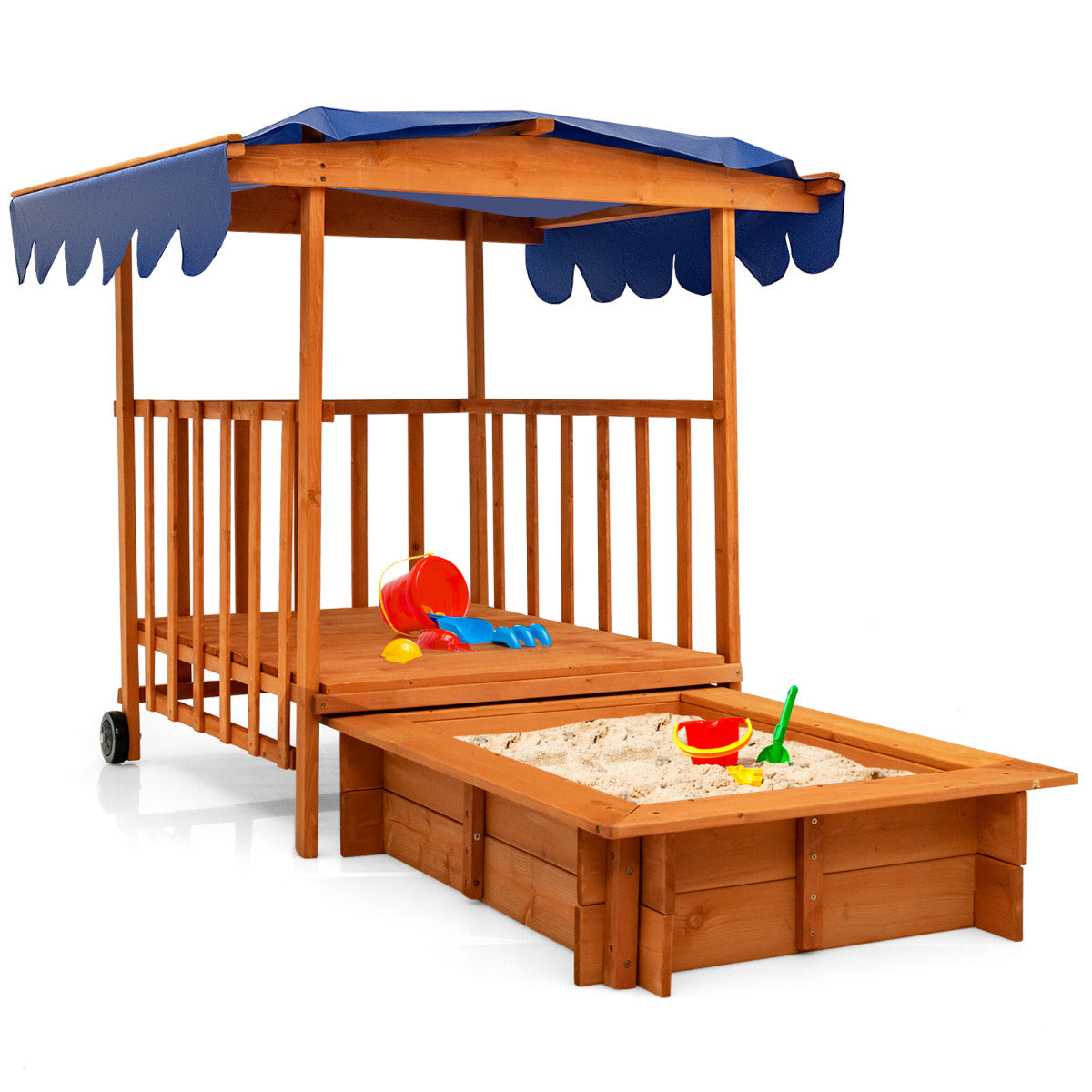 Natural Cedar Wood Kids Playhouse and Sandbox | Blue Canopy