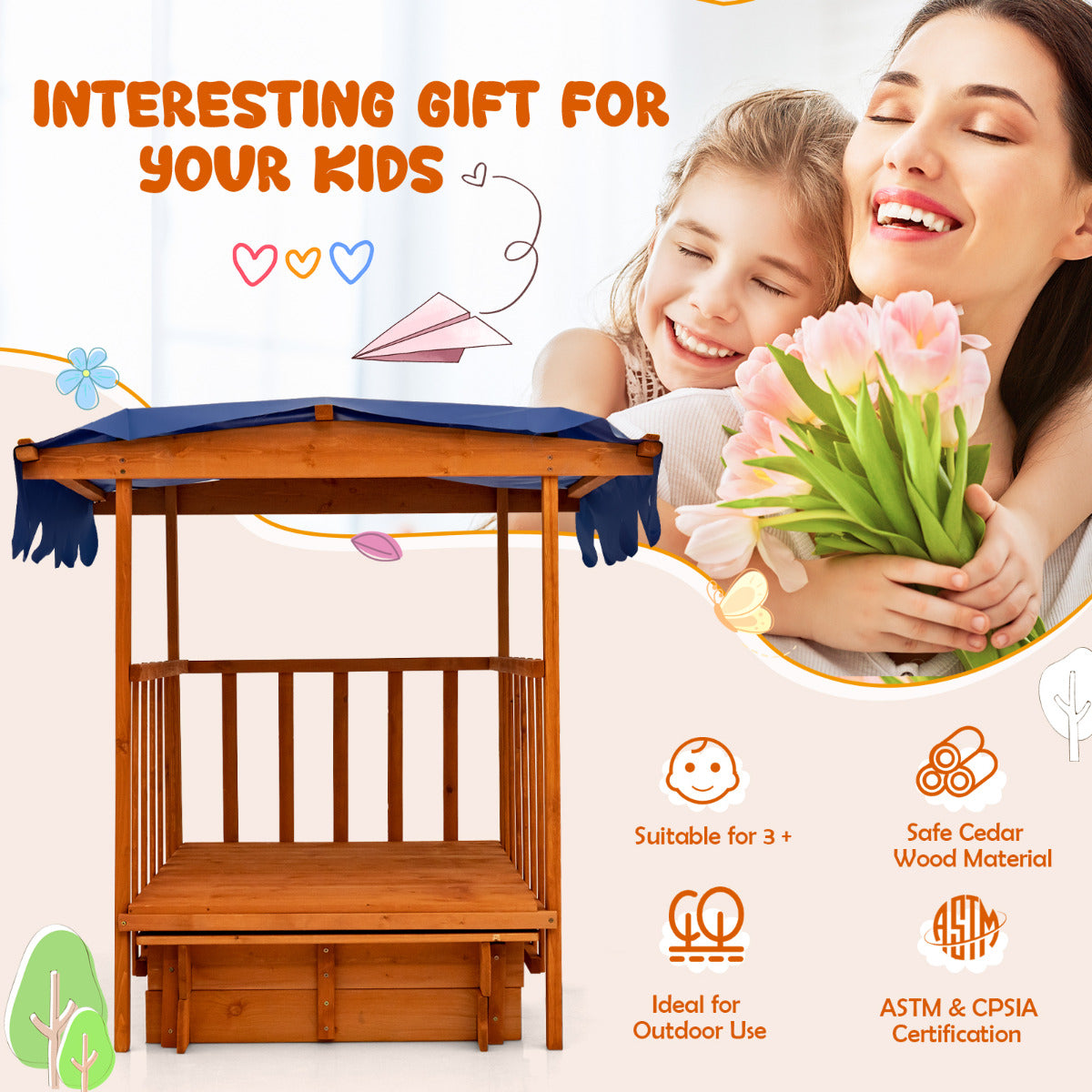 Natural Cedar Wood Kids Playhouse and Sandbox | Blue Canopy