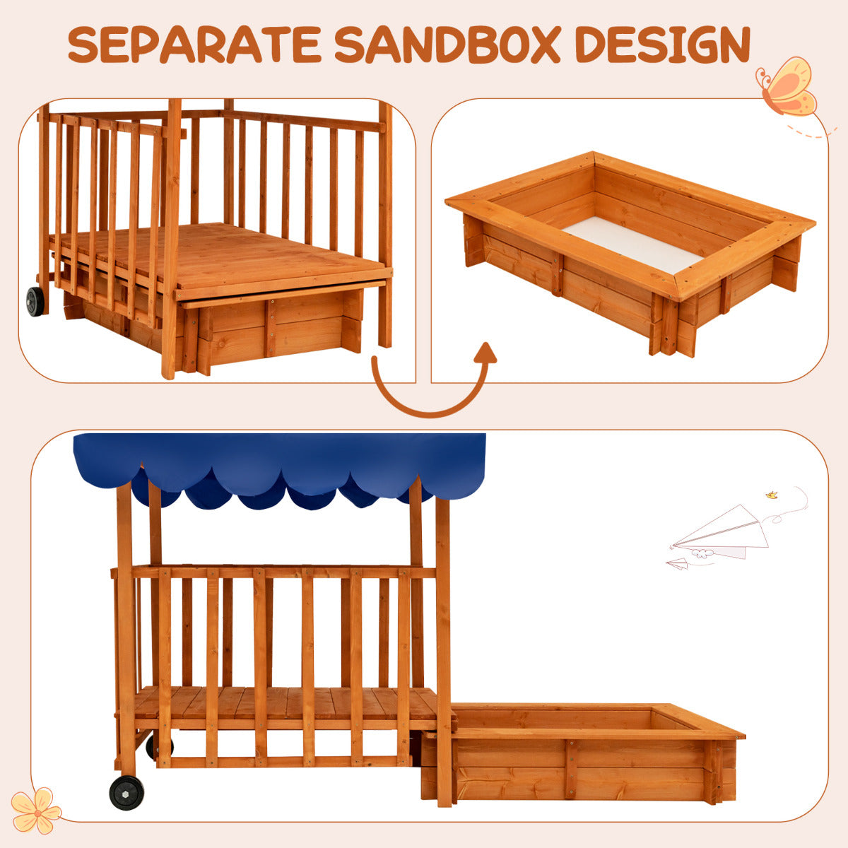 Natural Cedar Wood Kids Playhouse and Sandbox | Blue Canopy