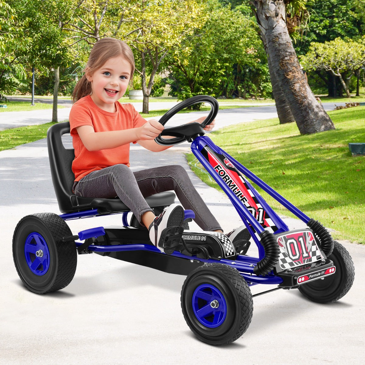 Blue pedal go-kart for kids ages 3-8 with steering wheel, fun and interactive play at home.