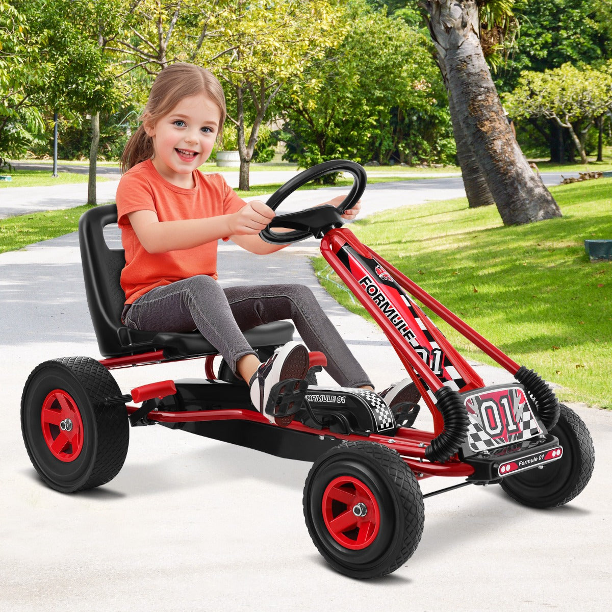 Kids pedal go kart with adjustable seat and brake, ideal for ages 3-8 years.