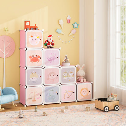 Costway Children Cute Zodiac Patterns 12-Cube Wardrobe Dresser Armoire-Pink