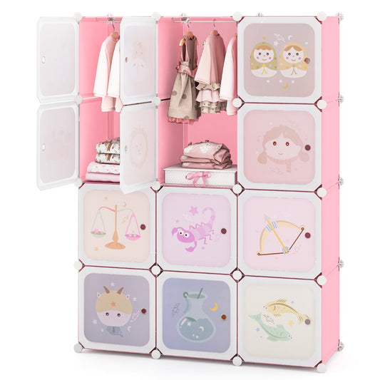 Children Zodiac Pattern Wardrobe | 12 Cube Storage in Pink