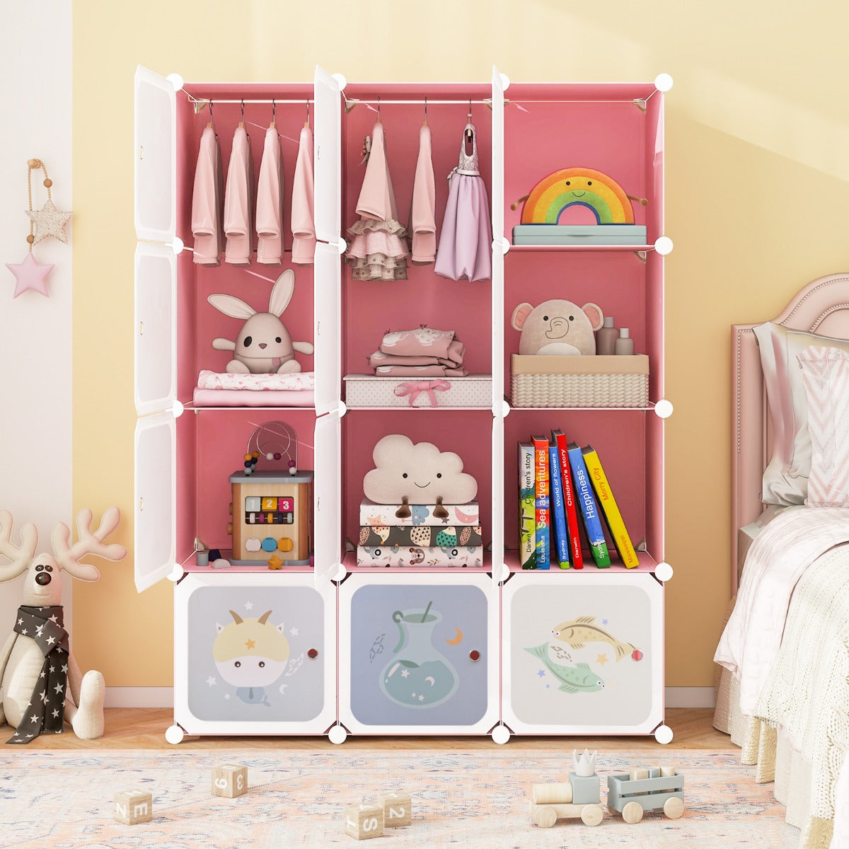 Children Zodiac Pattern Wardrobe | 12 Cube Storage in Pink