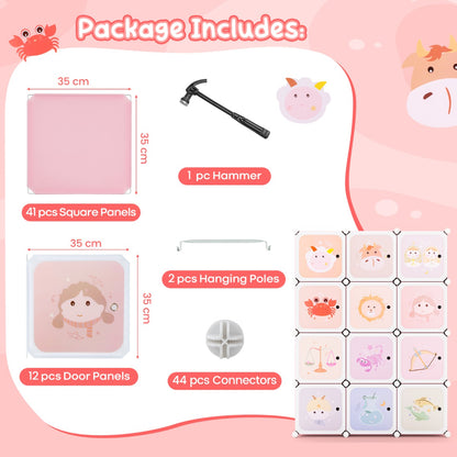 Children Zodiac Pattern Wardrobe | 12 Cube Storage in Pink