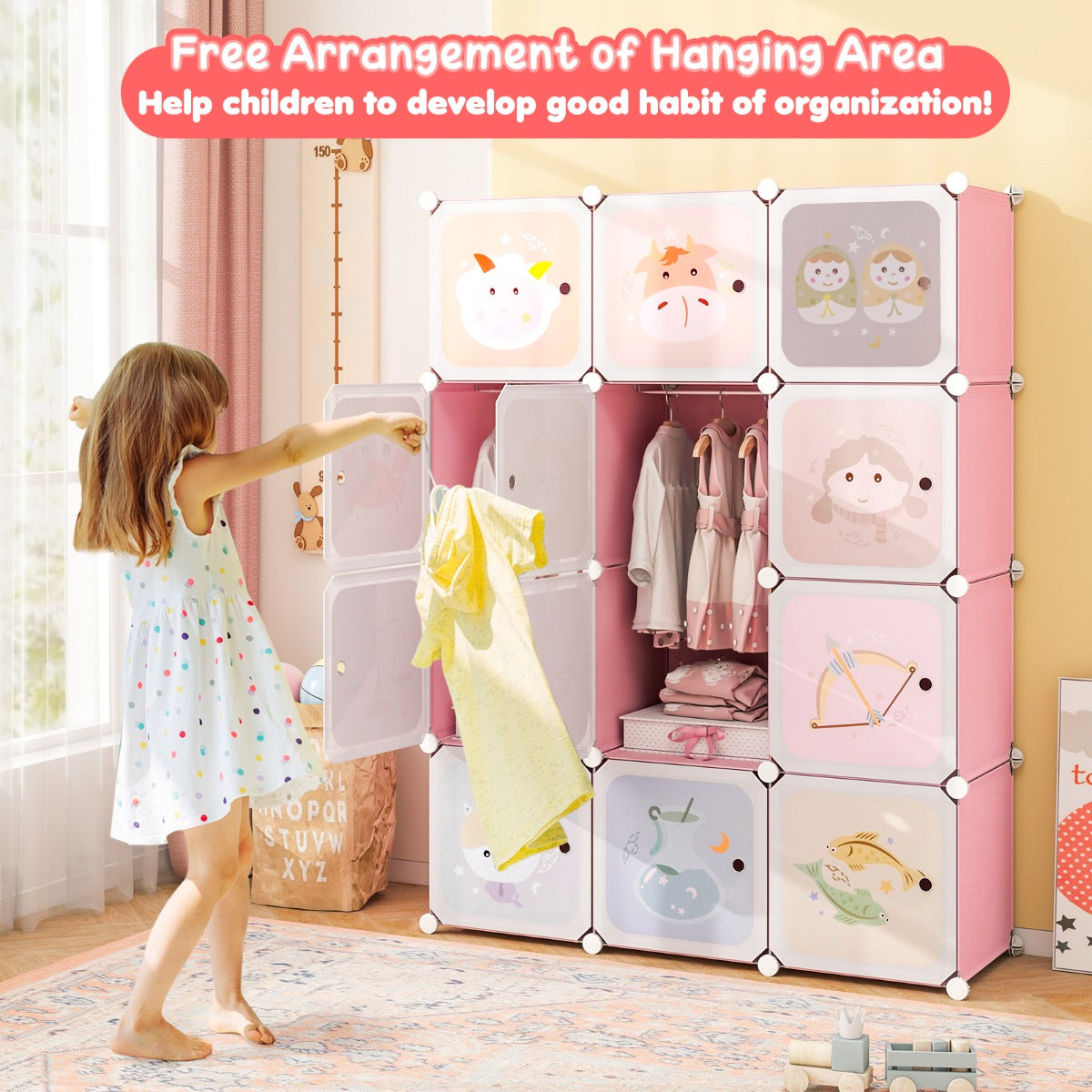 Children Zodiac Pattern Wardrobe | 12 Cube Storage in Pink