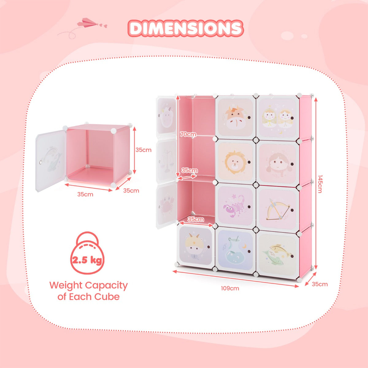 Children Zodiac Pattern Wardrobe | 12 Cube Storage in Pink