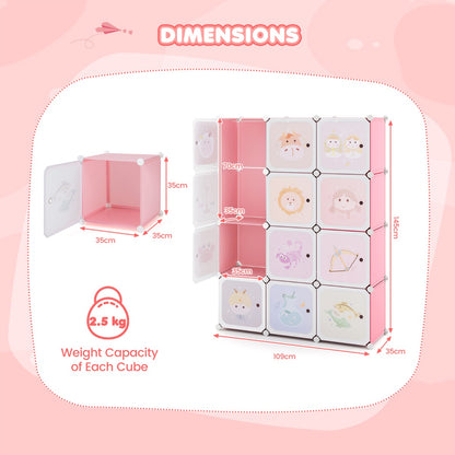 Children Zodiac Pattern Wardrobe | 12 Cube Storage in Pink