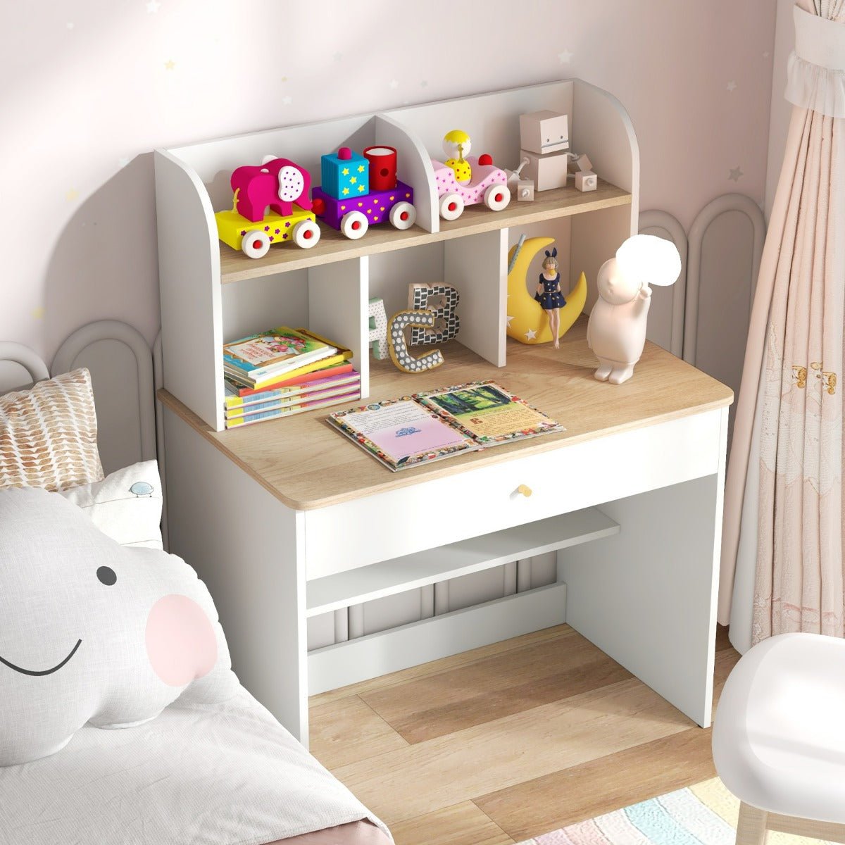 White wooden study desk for kids with hutch and storage drawer, ideal for home learning.