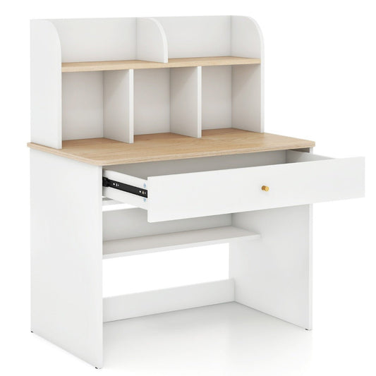 White wooden kids study desk with hutch and storage drawer, ideal for organized homework.