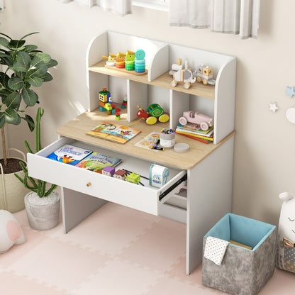 White wooden kids study desk with hutch and storage drawer, perfect for home learning.