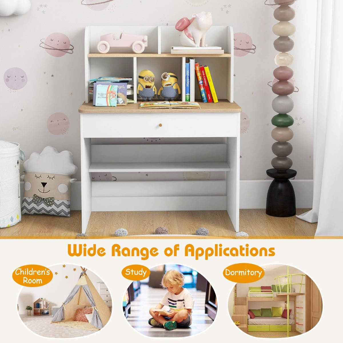 White wooden kids study desk with hutch and drawer for organized and creative learning.