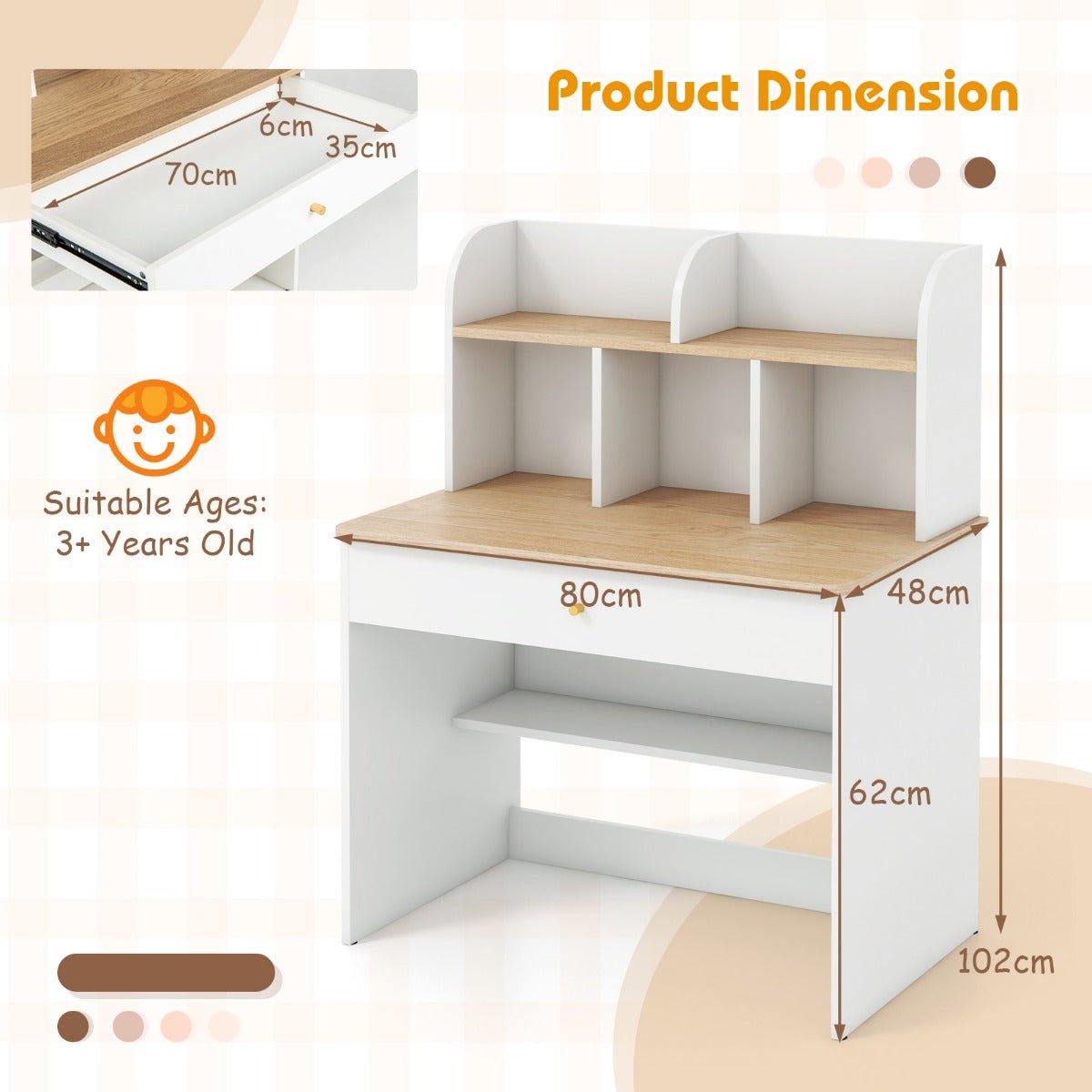 White study desk with hutch and storage drawer, ideal for kids schoolwork and crafts.