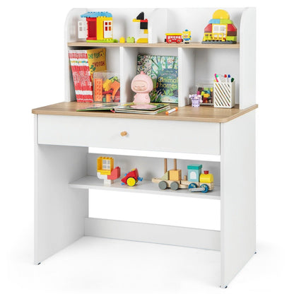 White wooden kids study desk with hutch and drawer - ideal homework station for kids.