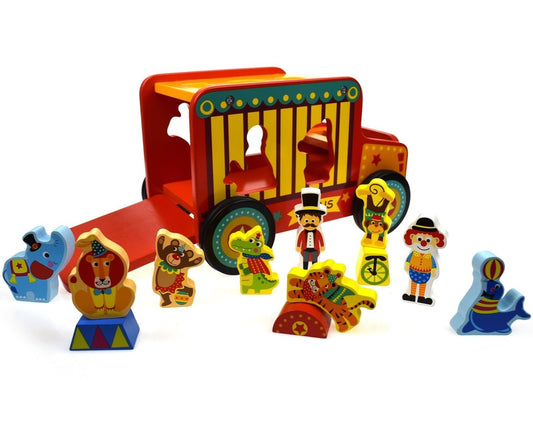 Colorful Circus Safari Jeep toy with animal patterns for imaginative play at home.