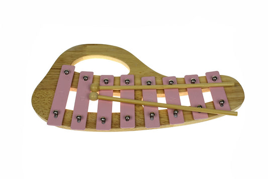 Pink wooden xylophone for childrens music play, promoting creativity and auditory skills.