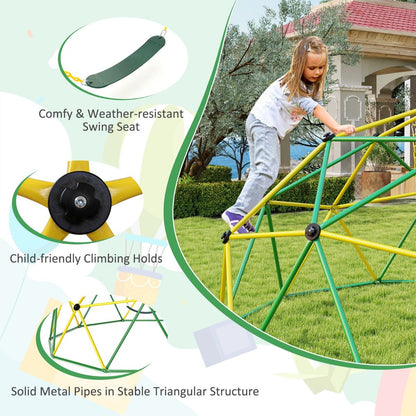 Green climbing dome playset with attached swing offers versatile outdoor fun and physical activity for children