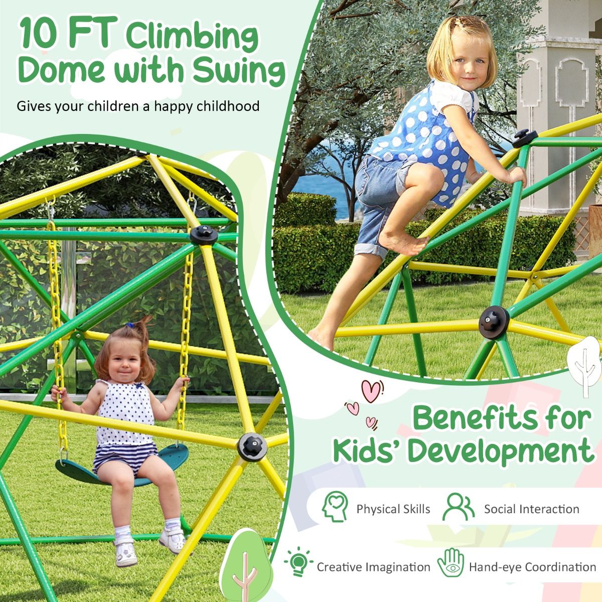 Green outdoor climbing dome playset with attached swing offers versatile physical activity and adventure for children