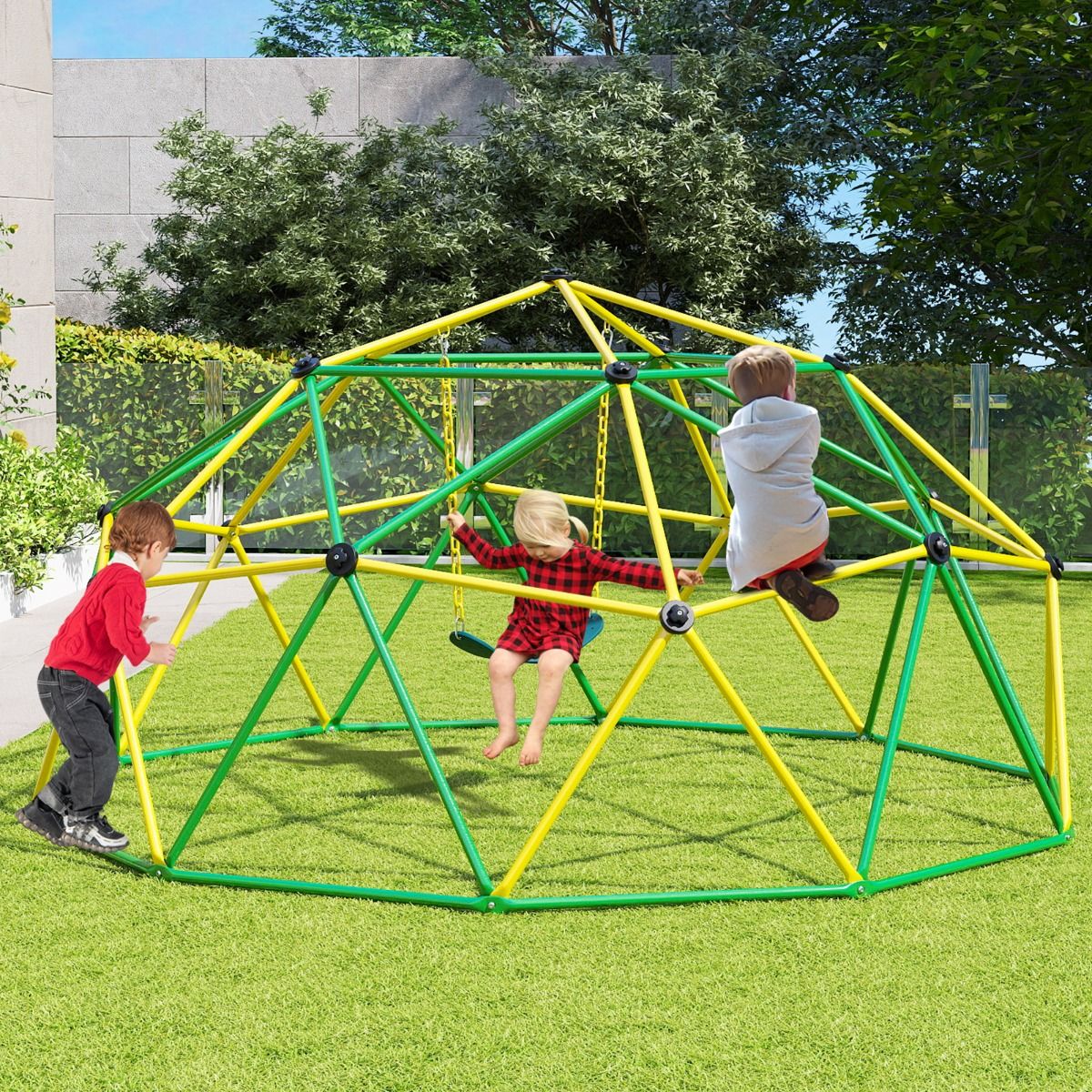 Green climbing dome playset with attached swing offers versatile outdoor play and exercise for children