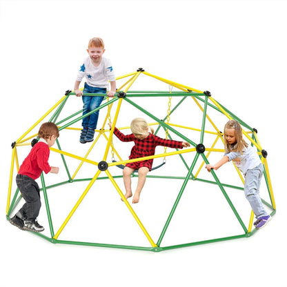 Green outdoor climbing dome playset with attached swing offers versatile physical activity and fun for children