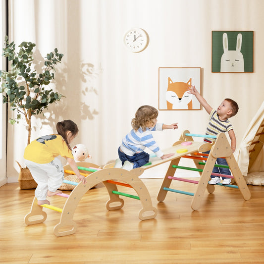 Montessori wooden climbing triangle set for toddlers in vibrant colors, ideal for active play.