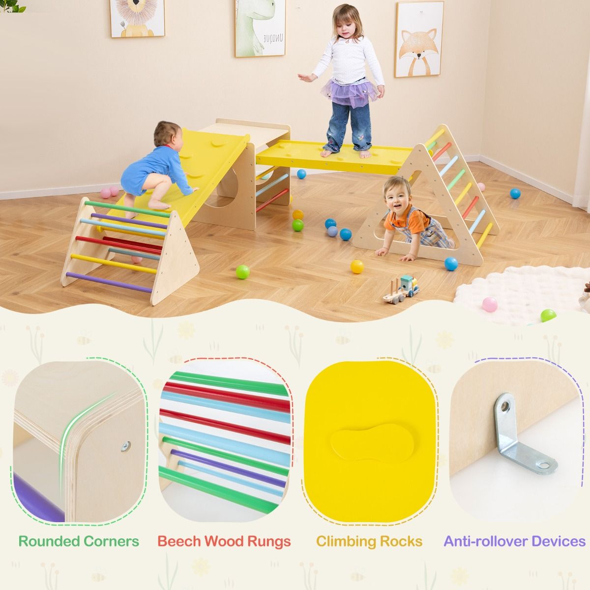 Montessori Climbing Triangle & Cube - 5 in 1 Set with Slide Board
