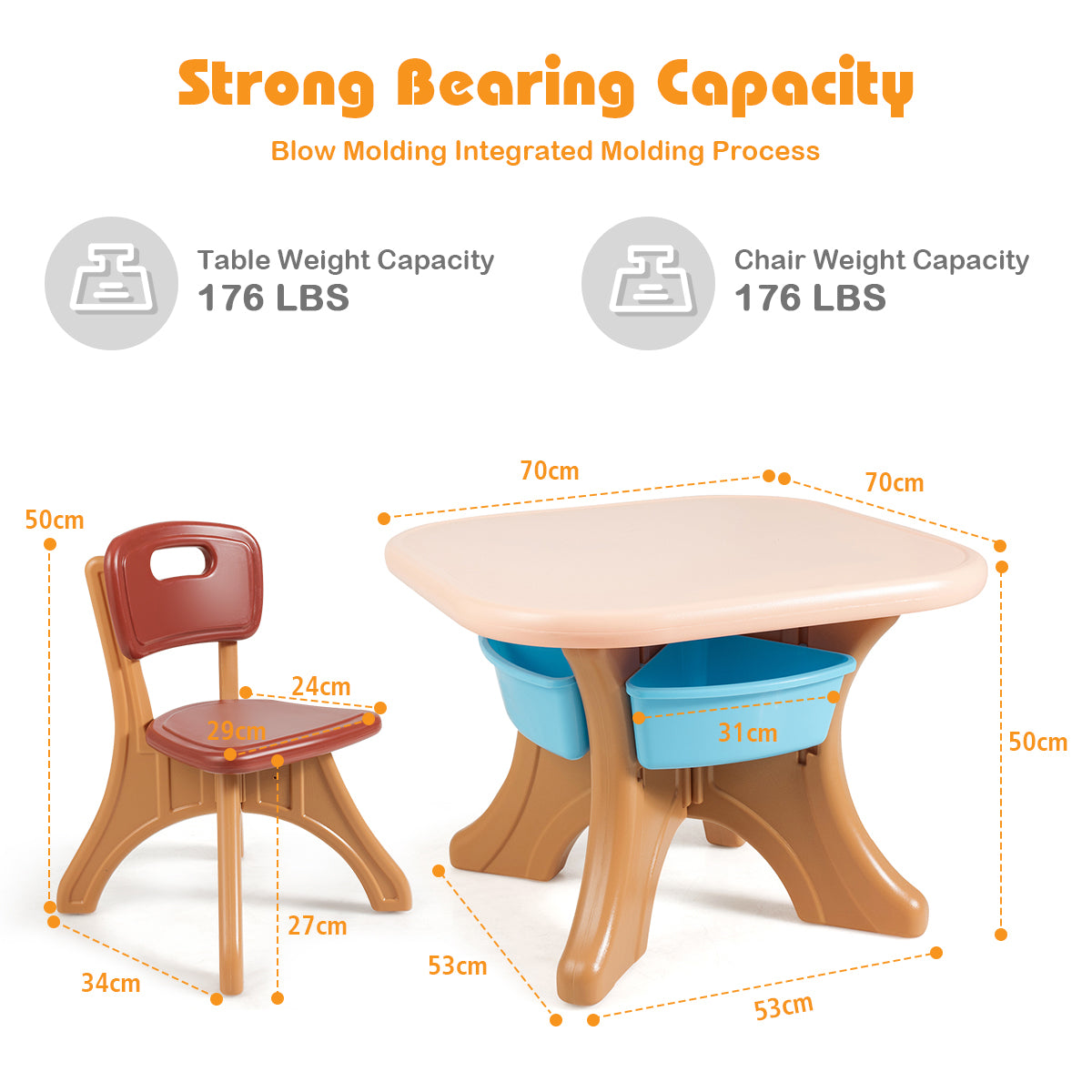 Kids Table and Chair Set with Storage Boxes - PE material, coffee color, perfect for play and storage in childrens rooms.