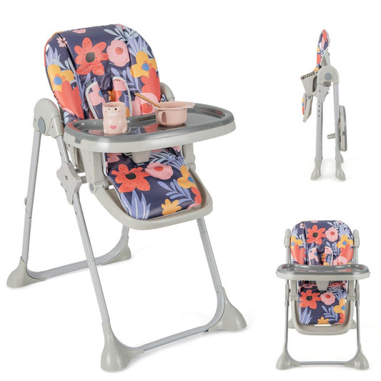 Convertible high chair with adjustable seating and playful flower design for babies mealtimes.