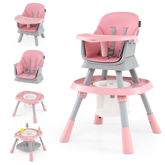 Costway 15-in-1 Convertible Baby High Chair with Removable Tray and 5-Point Harness-Pink