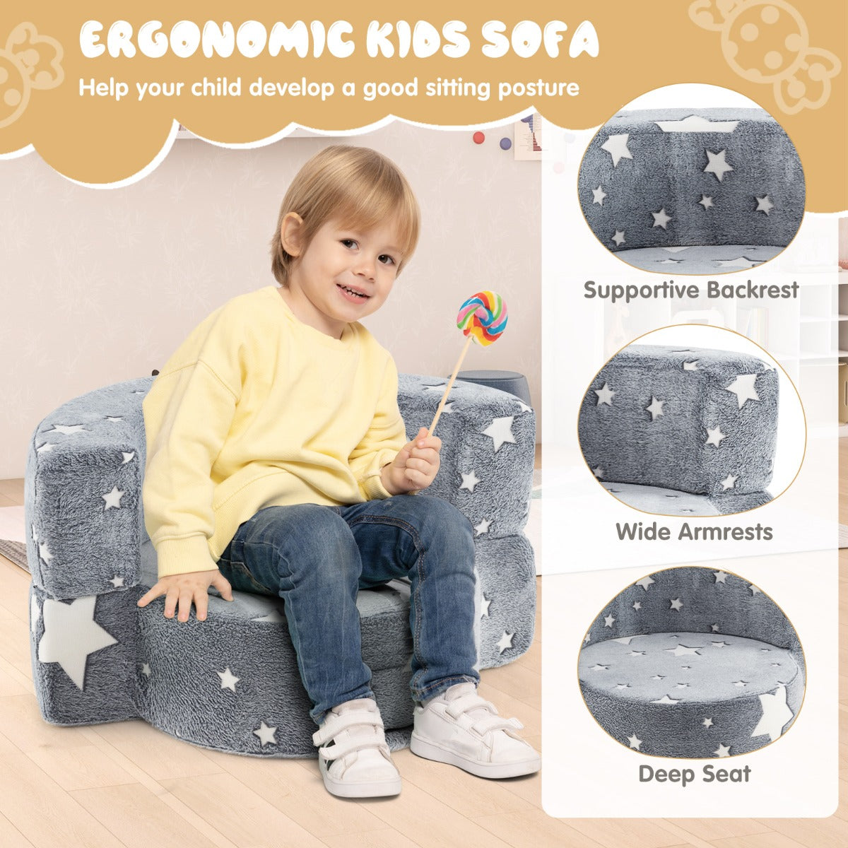 Grey Kids Sofa | Convertible Chair with Washable Cover